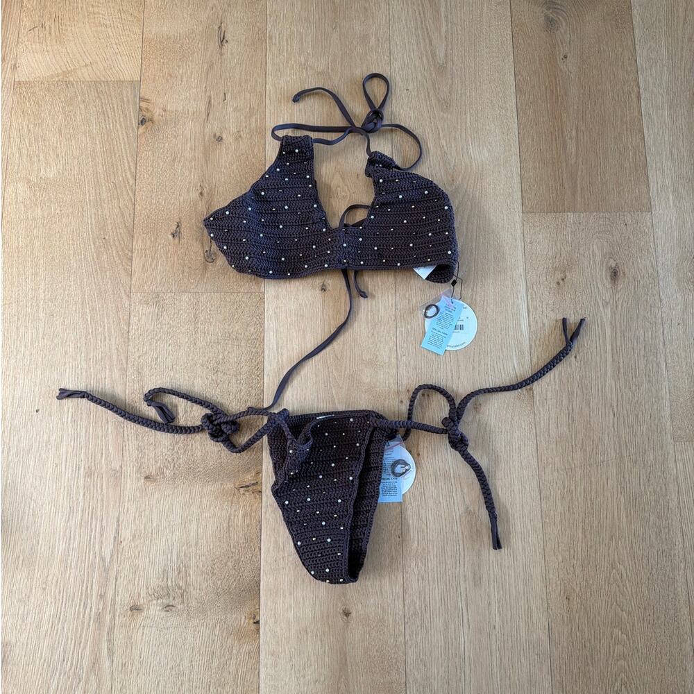 JMP The Label Crochet Bikini Set Cali Top & Cozumel Bottoms Size M & L Brown